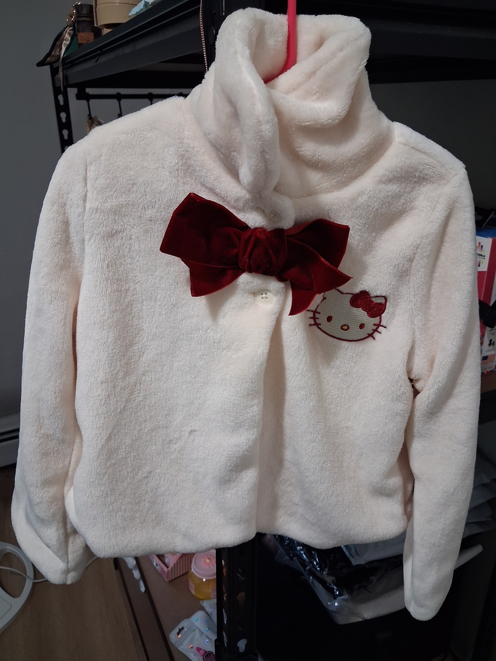 Hello Kitty Cream Plush Hoodie with Red Velvet Bow